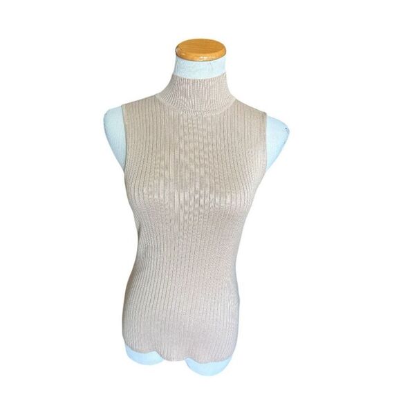 Womens Madison Grey Oatmeal Ribbed Mock Neck Sleeveless Top Blouse - Sz S - Picture 1 of 2